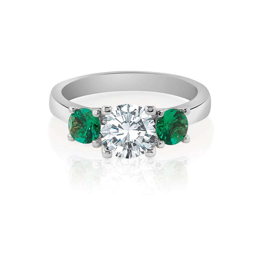 Three Stone Diamond & Emerald Engagement Ring