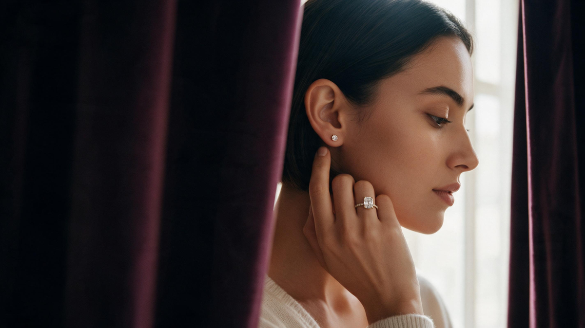 A woman in profile wearing a Damasci Hidden Halo Engagement Ring & Damasci Diamond Stud, touching her neck, framed by dark purple curtains and a bright window.