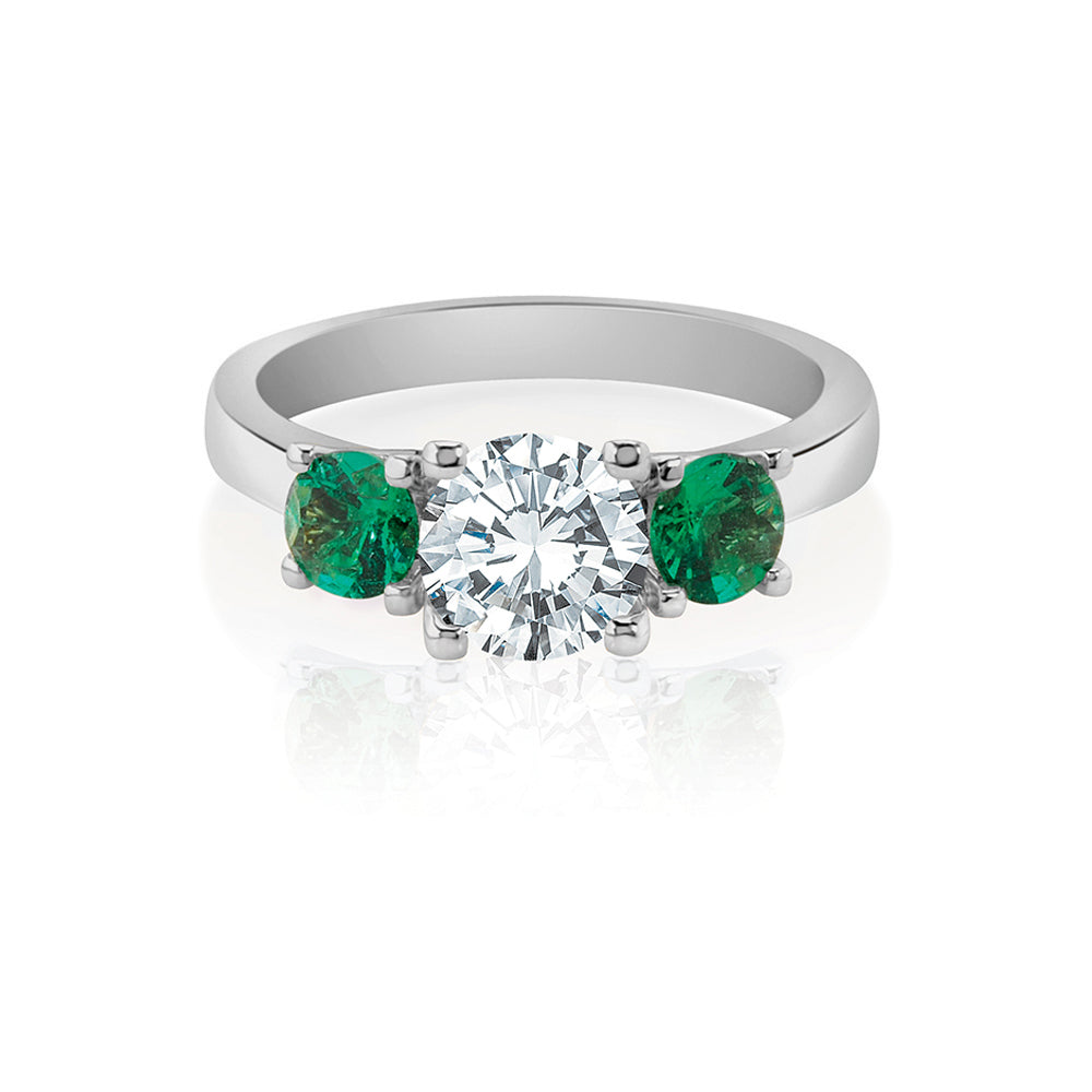 Three Stone Diamond &amp; Emerald Engagement Ring